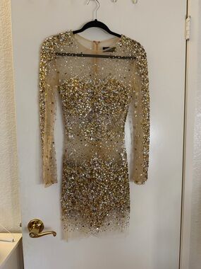 Jovani Gold Sequin Bodycon Dress with Sheer Long Sleeves